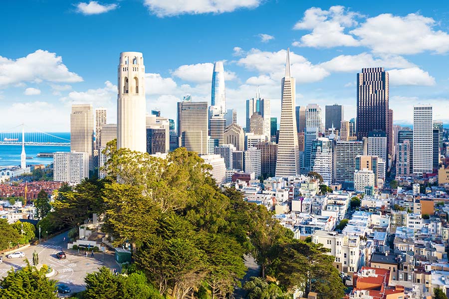 Contact - Aerial View of Downtown San Francisco With the Coit Tower in Foreground on a Sunny Day